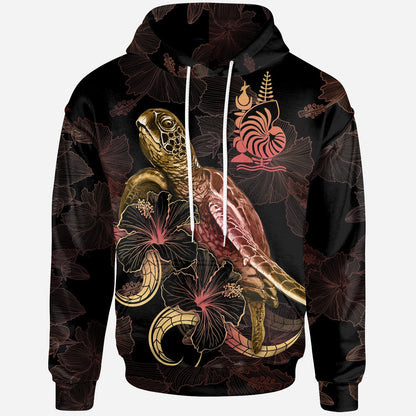 New Caledonia Polynesian Hoodie Turtle With Blooming Hibiscus Gold
