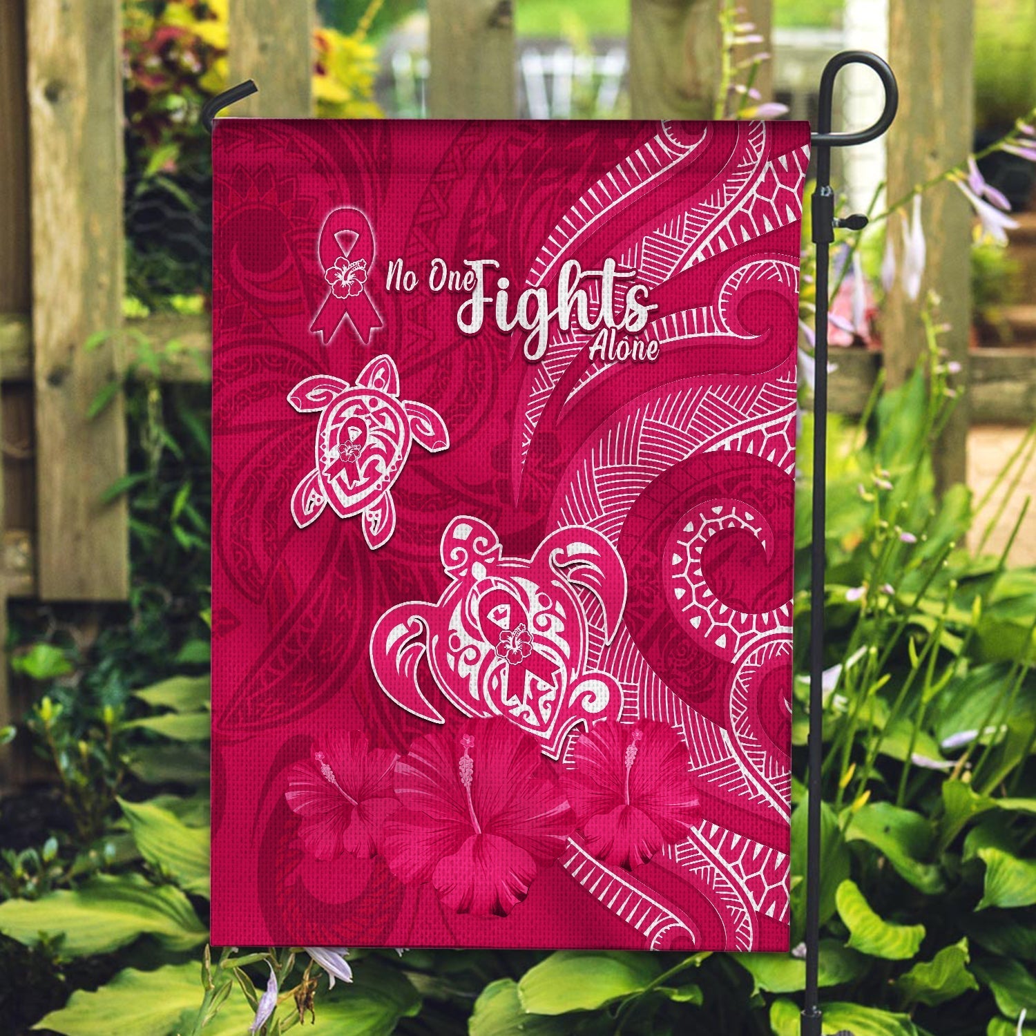 Breast Cancer Awareness Flag Hibiscus Polynesian No One Fights Alone