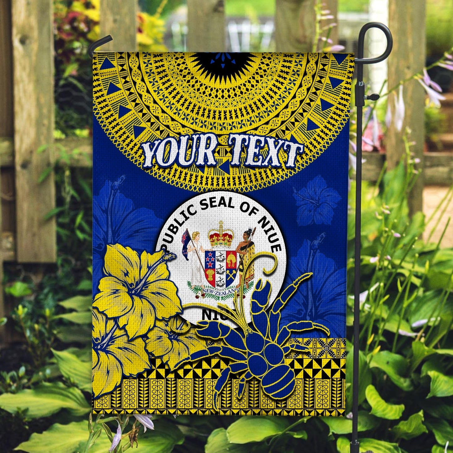 (Custom Personalised) Niue Hiapo Flag Rock of Polynesia Tapa Niuean Crab Happy Day