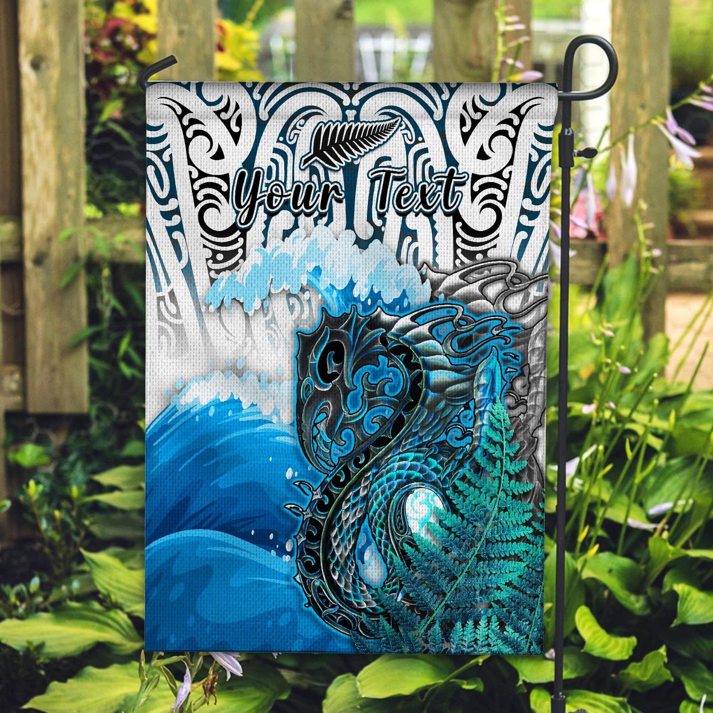 (Custom Personalised) Manaia Maori Flag Fern Aotearoa Blue Waves