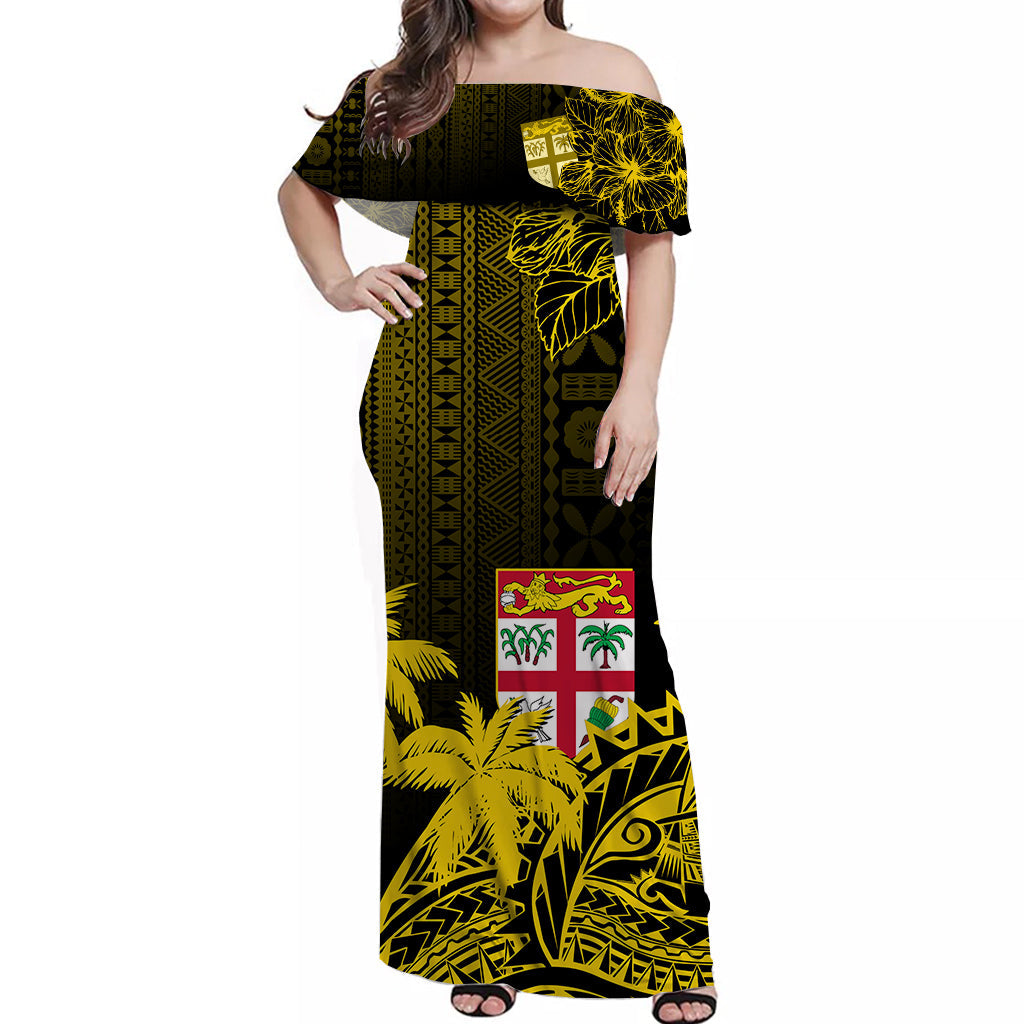 Fiji Tapa On The Waves Off Shoulder Long Dress Gold