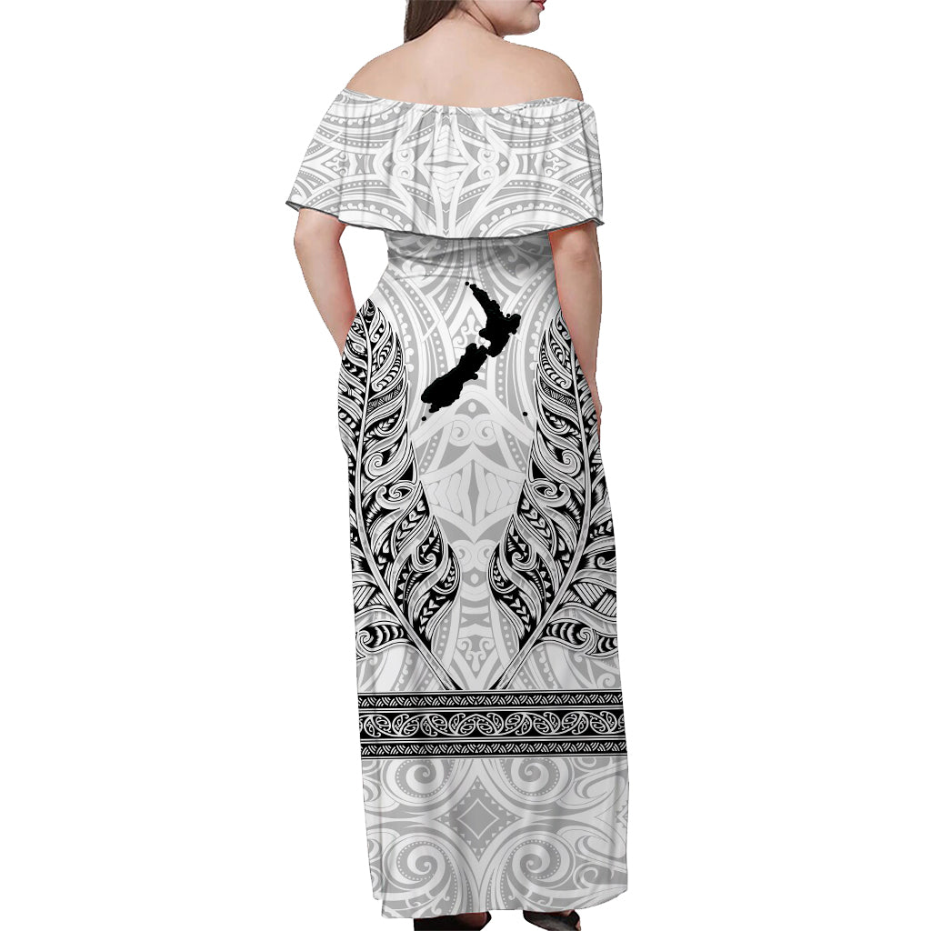 Custom Personalised New Zealand Silver Fern Off Shoulder Long Dress Maori Pattern White