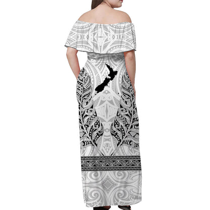 Custom Personalised New Zealand Silver Fern Off Shoulder Long Dress Maori Pattern White