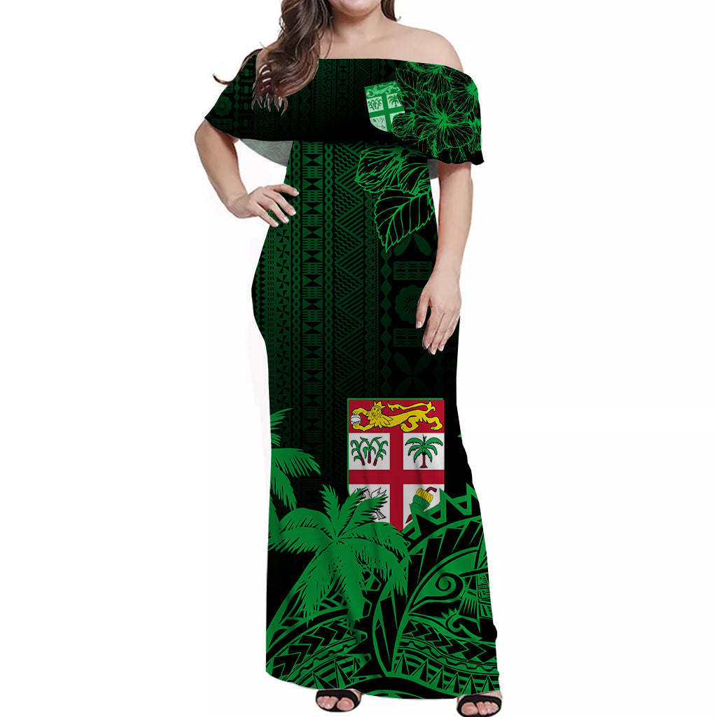 Fiji Tapa On The Waves Off Shoulder Long Dress Emerald