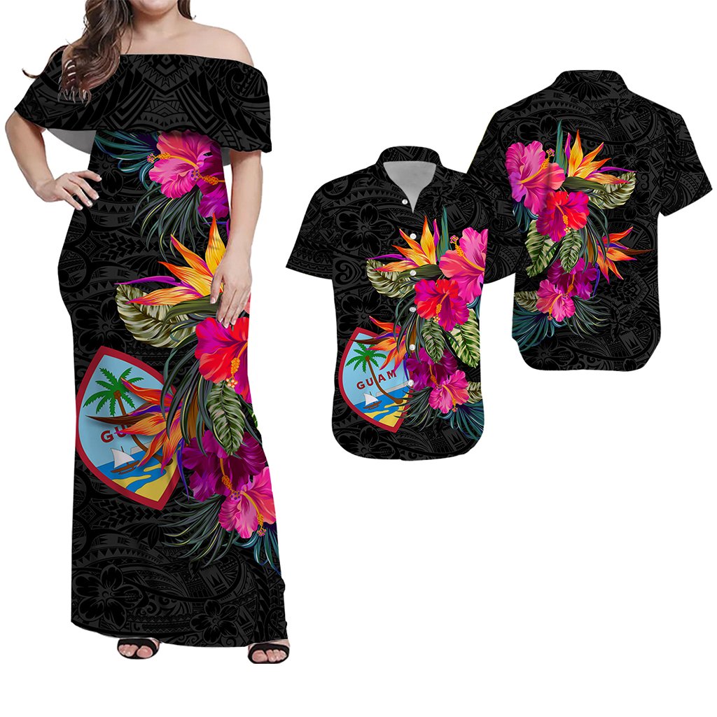 Matching Outfits For Couples Guam Hibiscus Polynesian Tribal Combo Dress And Hawaiian Shirt