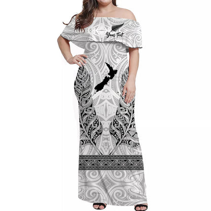 Custom Personalised New Zealand Silver Fern Off Shoulder Long Dress Maori Pattern White