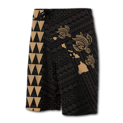 Hawaii Kakau Polynesian Three Turtles Map Board Shorts - Gold