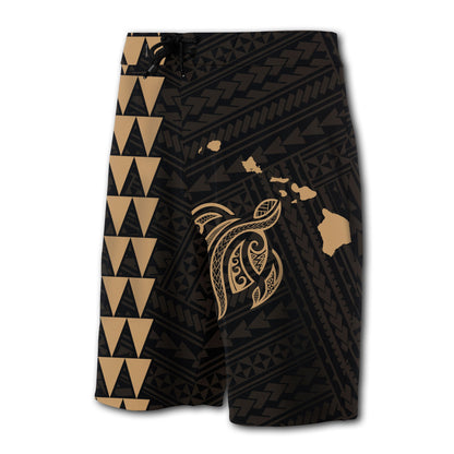 Hawaii Kakau Polynesian Turtle Map Board Shorts - Gold