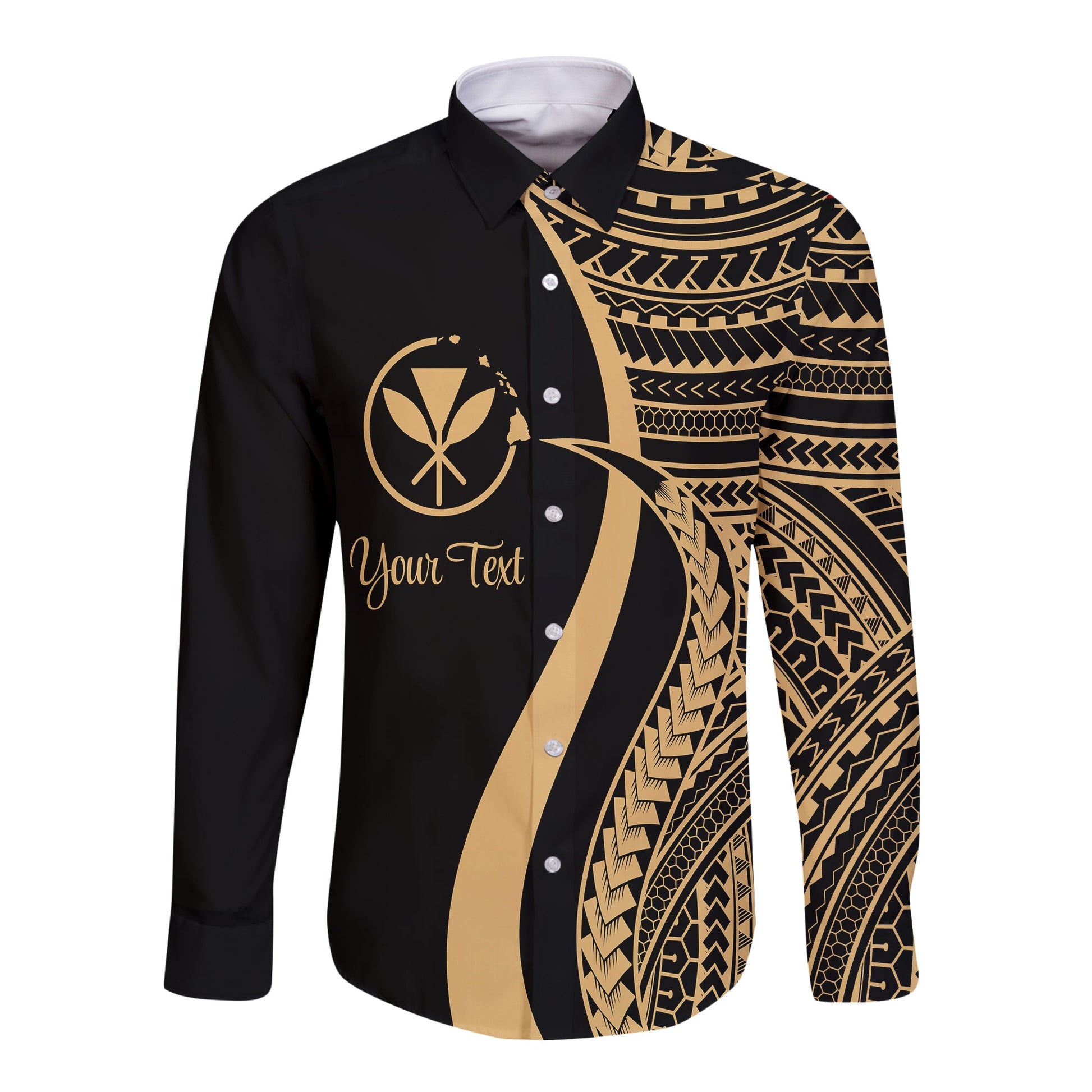 Hawaii Long Sleeves Button Shirts Gold Polynesian Tentacle Tribal Pattern