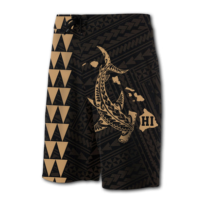Hawaii Kakau Polynesian Hammerhead Shark Board Shorts - Gold