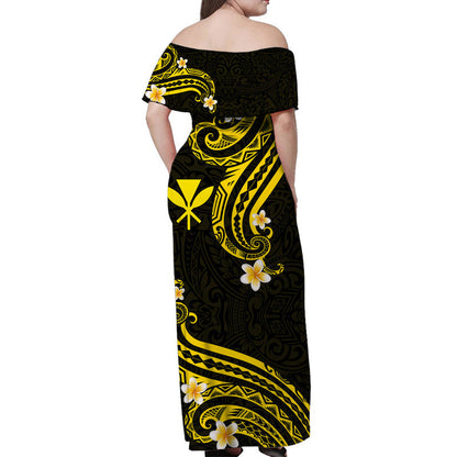 Hawaii Women Off Shoulder Long Dress Gold Polynesian Line Style