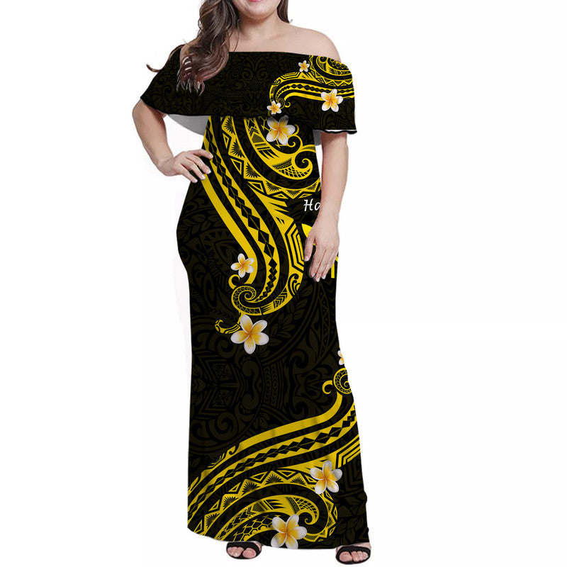 Hawaii Women Off Shoulder Long Dress Gold Polynesian Line Style