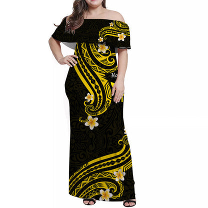Hawaii Women Off Shoulder Long Dress Gold Polynesian Line Style