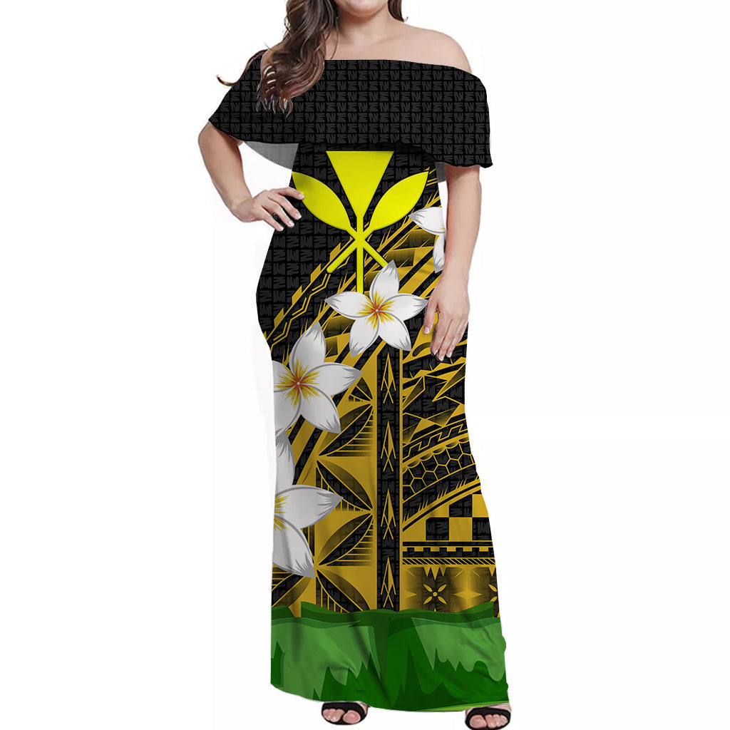 Hawaii Off Shoulder Dress Banana Leaf With Plumeria Flowers Gold