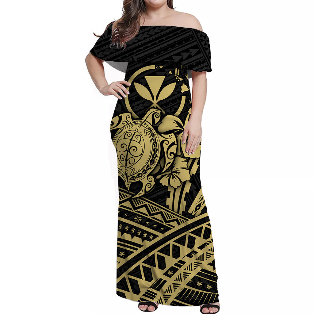 Hawaii Turtle With Hibiscus Tribal Off Shoulder Dress Gold