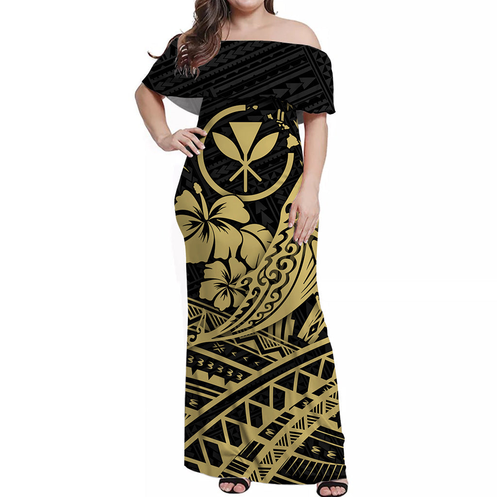 Hawaii Humpback Whale With Hibiscus Tribal Off Shoulder Dress Gold