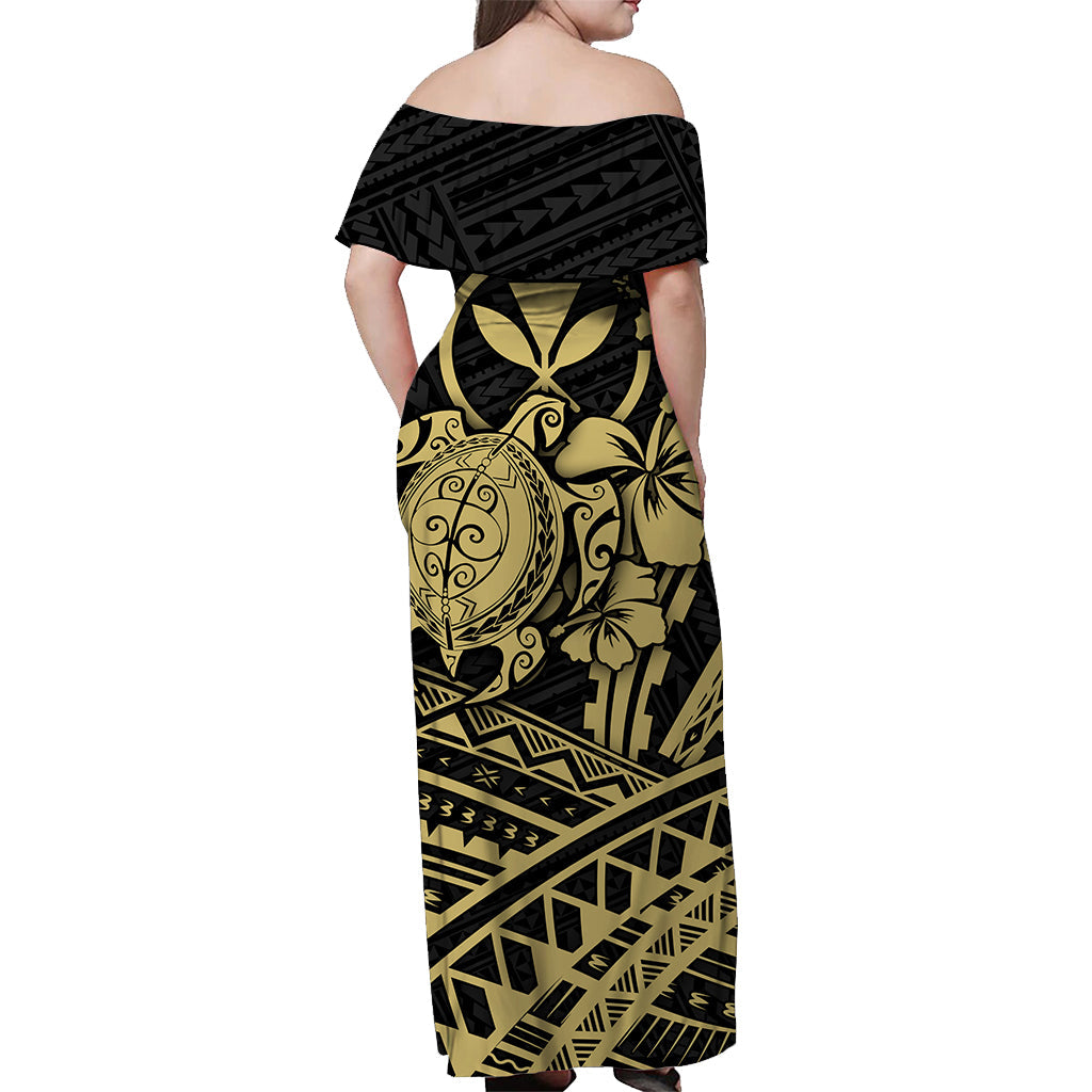Hawaii Turtle With Hibiscus Tribal Off Shoulder Dress Gold