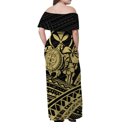 Hawaii Turtle With Hibiscus Tribal Off Shoulder Dress Gold