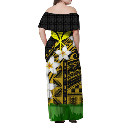 Hawaii Off Shoulder Dress Banana Leaf With Plumeria Flowers Gold