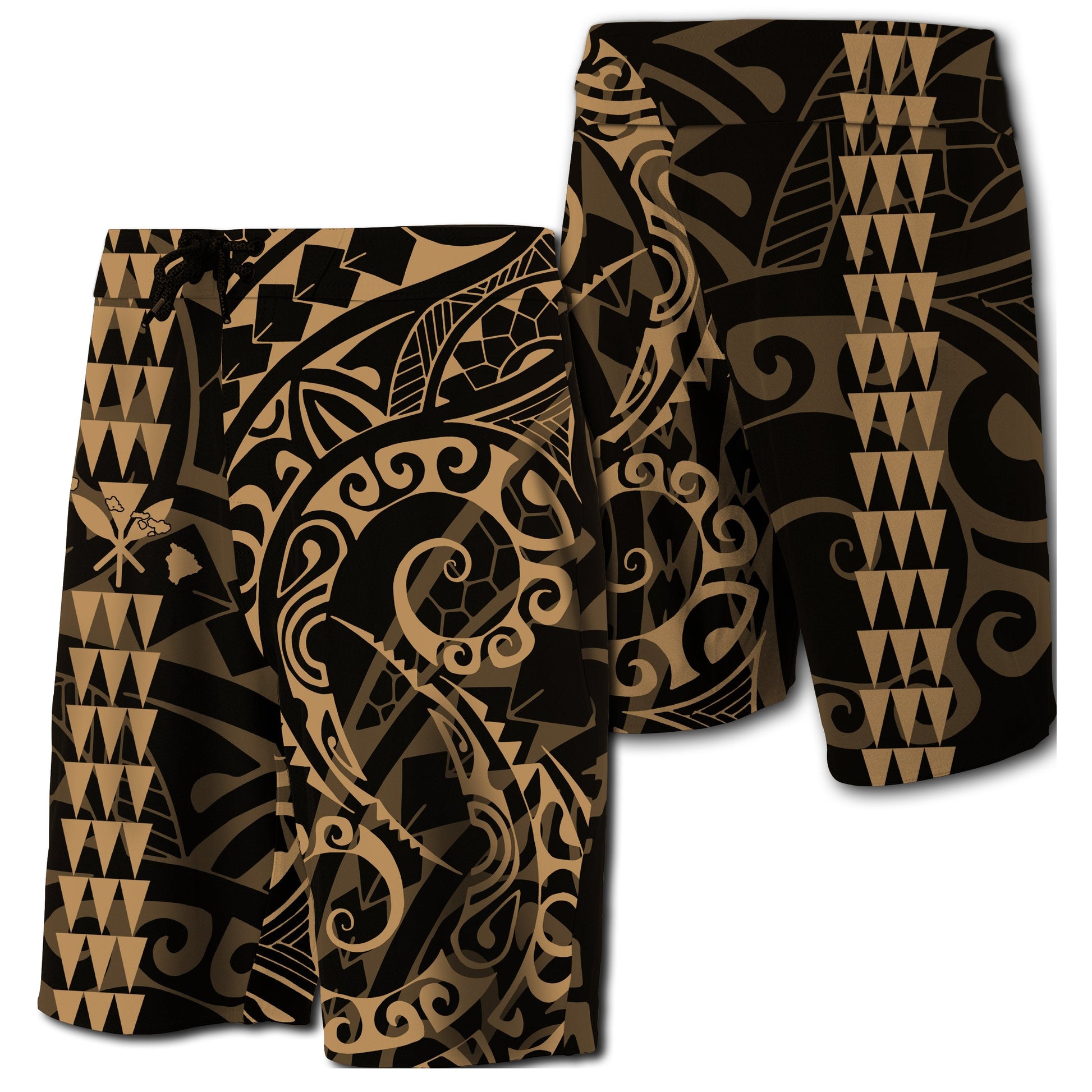 Hawaii Kakau Polynesian Kanaka Board Shorts - Gold - Snapy Style
