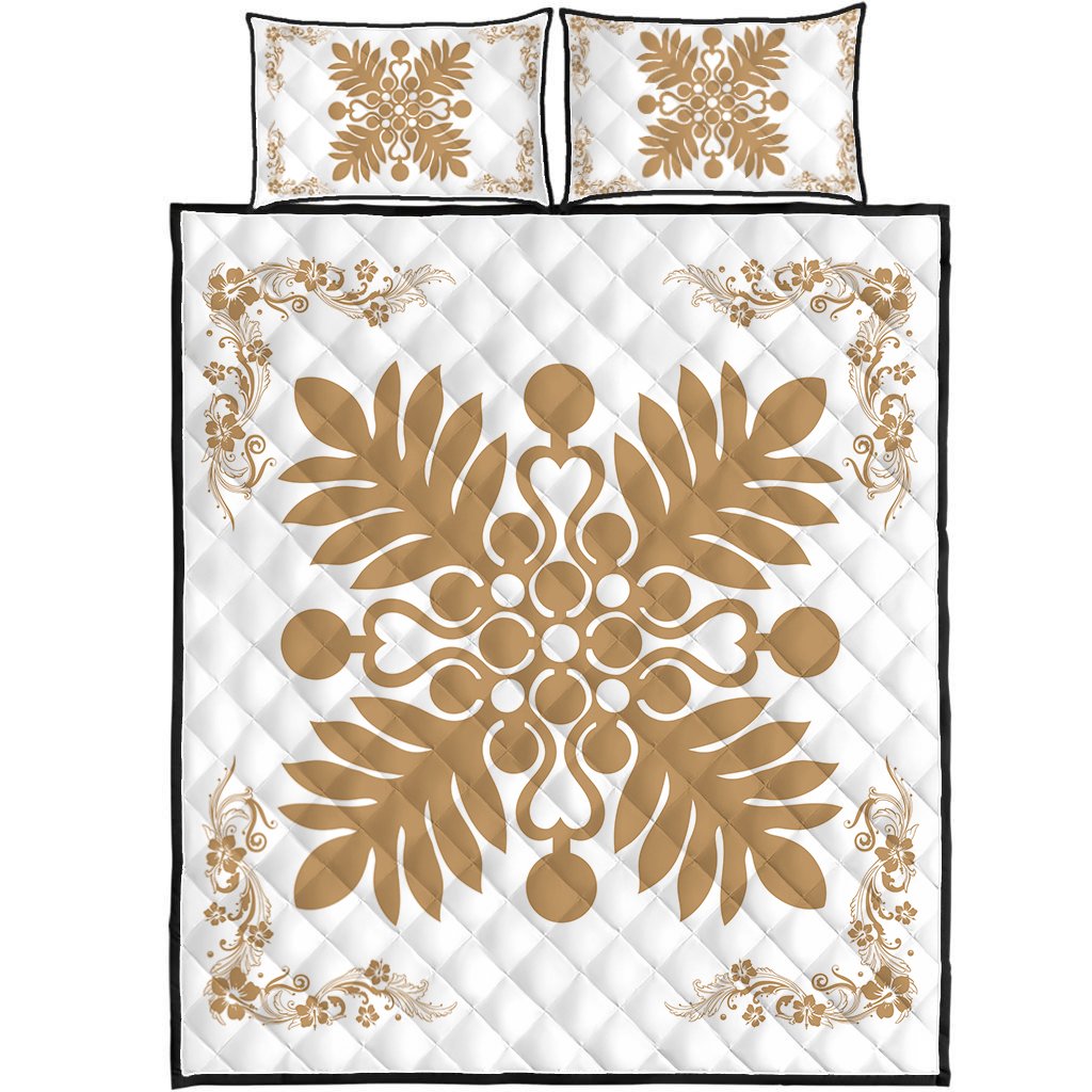 Hawaiian Quilt Maui Plant And Hibiscus Pattern Quilt Bed Set Gold White AH