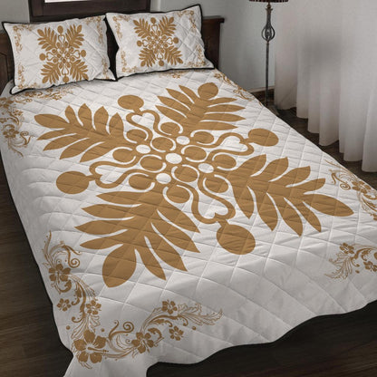 Hawaiian Quilt Maui Plant And Hibiscus Pattern Quilt Bed Set Gold White AH