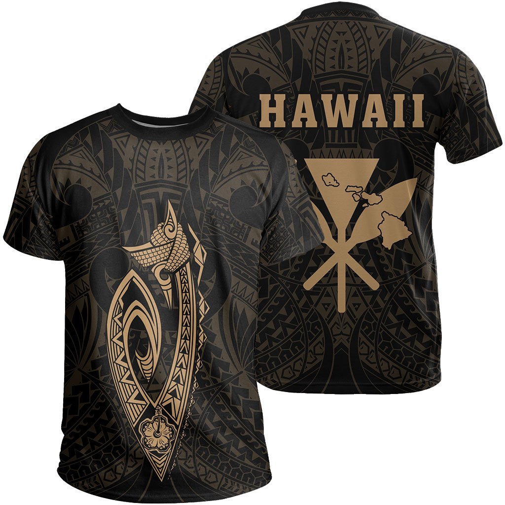 Hawaii Kakau Makau Fish Hook Polynesian T - Shirt - Gold