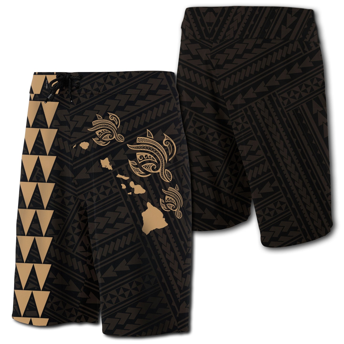 Hawaii Kakau Polynesian Three Turtles Map Board Shorts - Gold