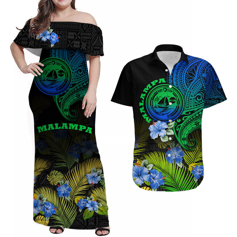 Matching Outfits For Couples Vanuatu Malampa Province Combo Dress and Hawaiian Shirt Hibiscus Tribal Polynesian Tattoo Ver Gradient