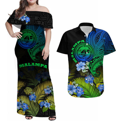 Matching Outfits For Couples Vanuatu Malampa Province Combo Dress and Hawaiian Shirt Hibiscus Tribal Polynesian Tattoo Ver Gradient