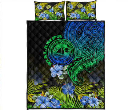 Vanuatu Malampa Province Quilt Bed Set Hibiscus Tribal Polynesian Tattoo Ver Gradient