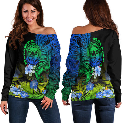 Vanuatu Malampa Province Women Off Shoulder Sweater Hibiscus Tribal Polynesian Tattoo Ver Gradient