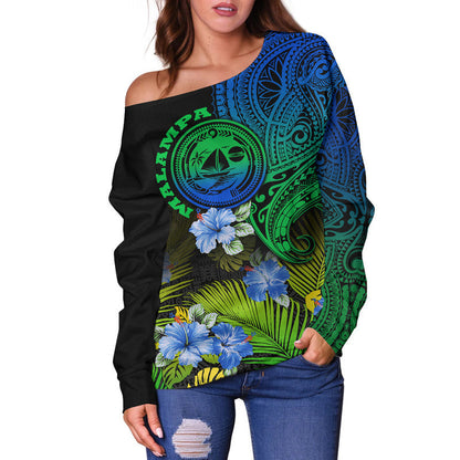 Vanuatu Malampa Province Women Off Shoulder Sweater Hibiscus Tribal Polynesian Tattoo Ver Gradient