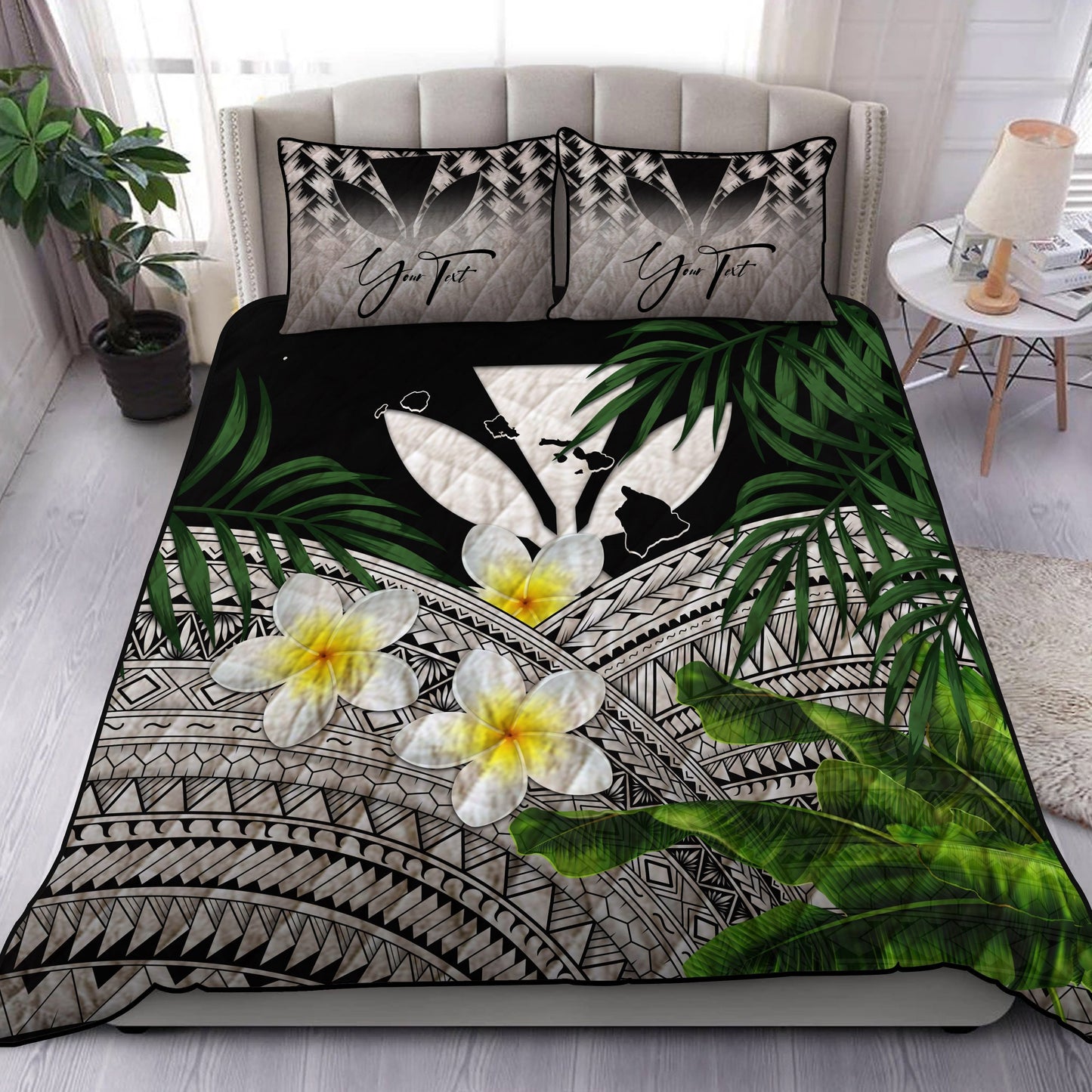 (Custom) Kanaka Maoli (Hawaiian) Quilt Bed Set, Polynesian Plumeria Banana Leaves Gray Personal Signature