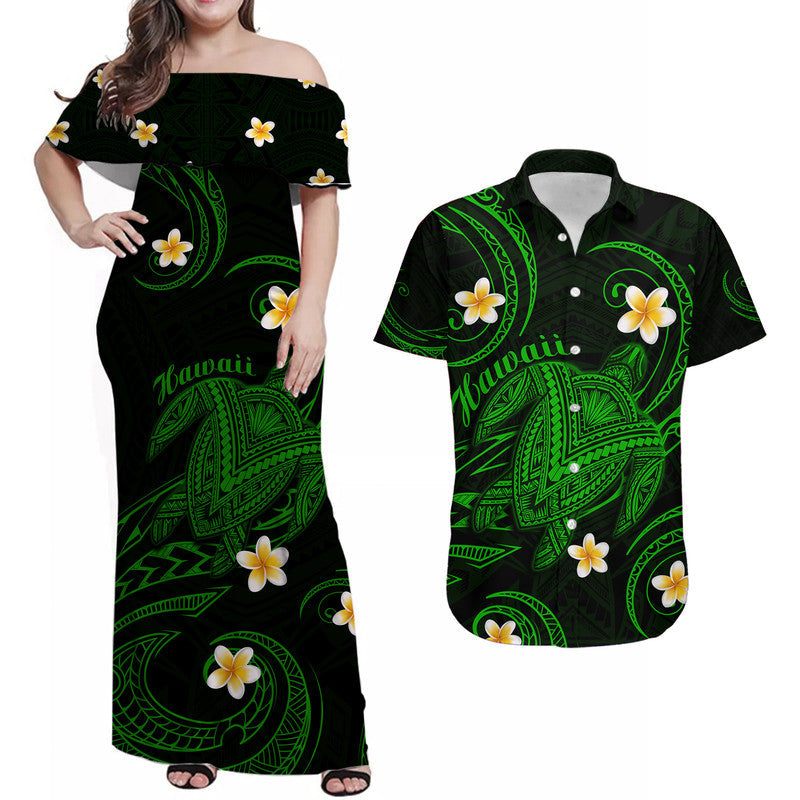 Hawaiian Matching Outfits For Couples Hawaii Combo Dress and Hawaiian Shirt Hawaiian Turtle Plumeria Mixed Polynesian Green Style