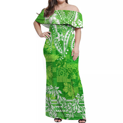 Polynesian Off Shoulder Long Dress Tapa Plumeria Style Green
