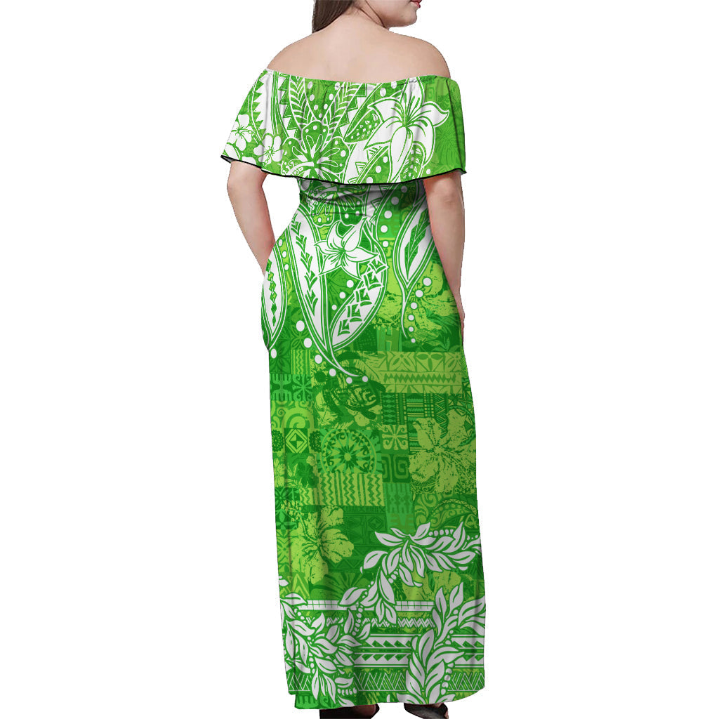 Polynesian Off Shoulder Long Dress Tapa Plumeria Style Green