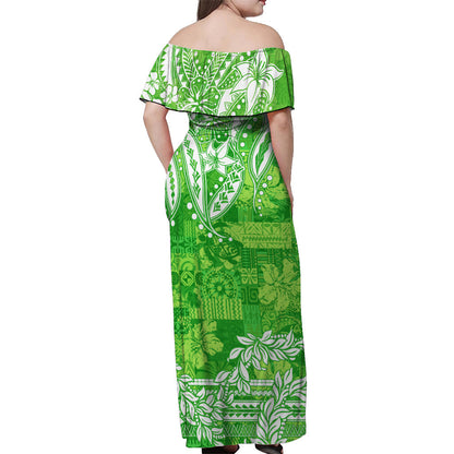Polynesian Off Shoulder Long Dress Tapa Plumeria Style Green