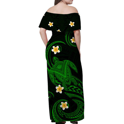 Hawaii Women Off Shoulder Long Dress Hawaiian Turtle Plumeria Mixed Polynesian Green Style