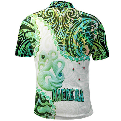 New Zealand Maori Polo Shirt Aotearoa Manaia Green Paua Shell - Heare Shirt
