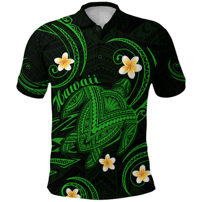 Hawaii Polo Shirt Hawaiian Turtle Plumeria Mixed Polynesian Green Style