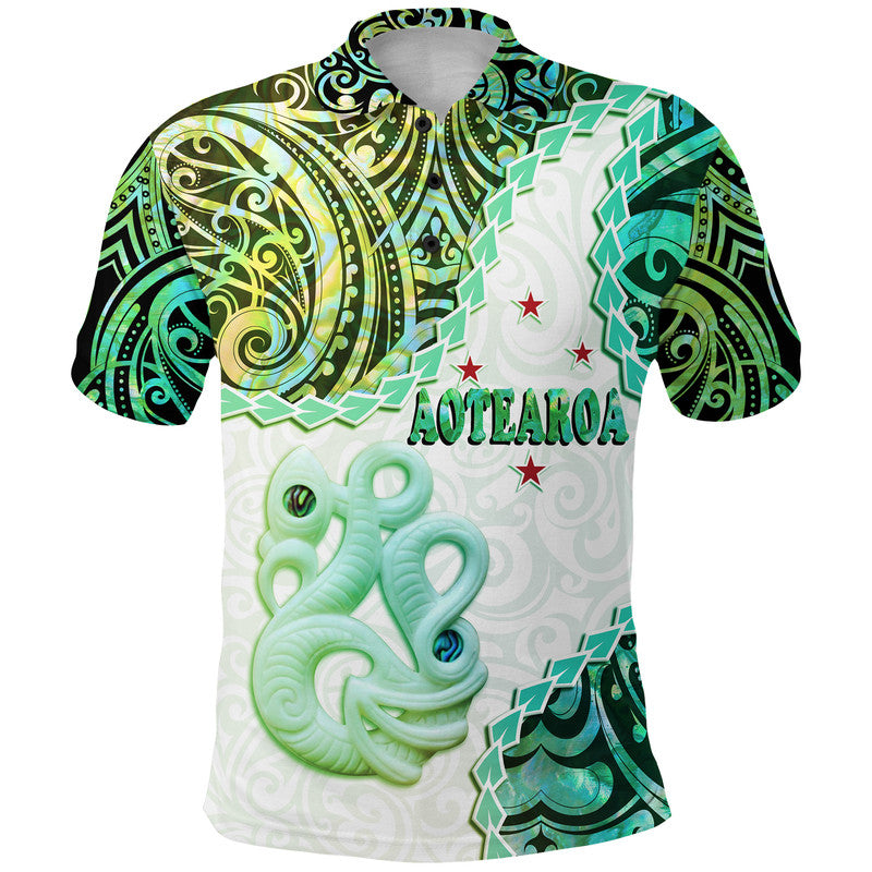 New Zealand Maori Polo Shirt Aotearoa Manaia Green Paua Shell - Heare Shirt