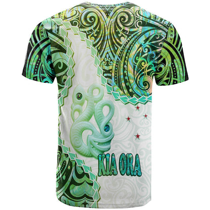 New Zealand Maori T Shirt Aotearoa Manaia Green Paua Shell - Kia Ora