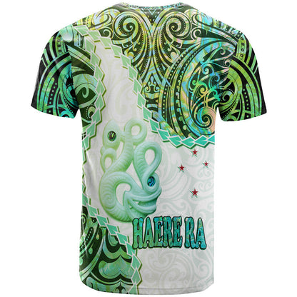 New Zealand Maori T Shirt Aotearoa Manaia Green Paua Shell - Heare Ra