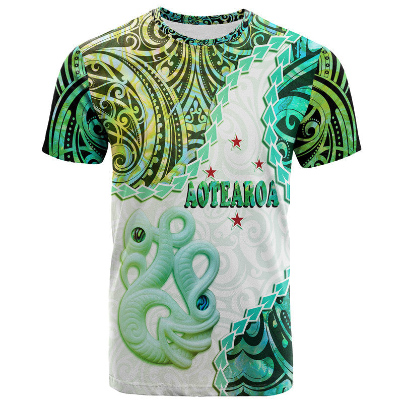 Custom Personalised New Zealand Maori T Shirt Aotearoa Manaia Green Paua Shell