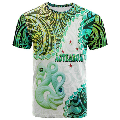 Custom Personalised New Zealand Maori T Shirt Aotearoa Manaia Green Paua Shell