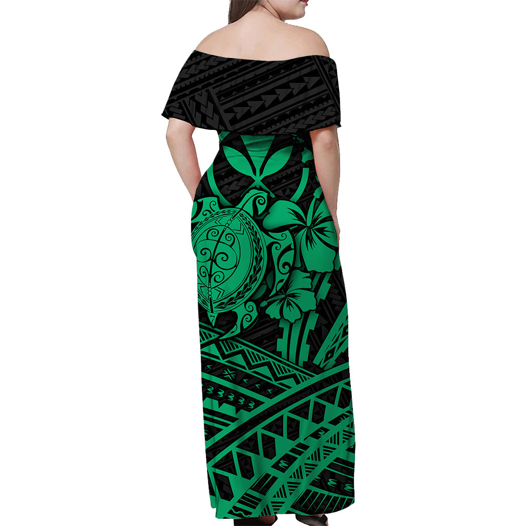 Hawaii Turtle With Hibiscus Tribal Off Shoulder Dress Green