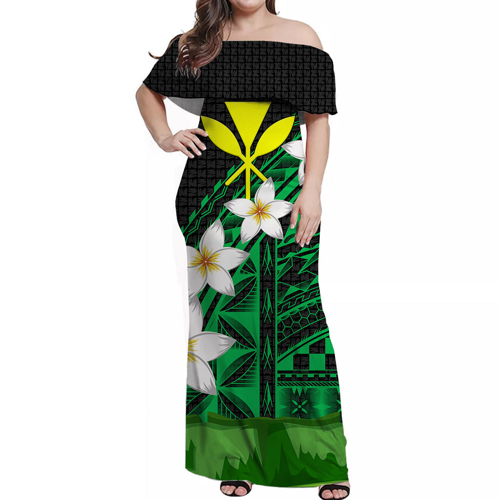 Hawaii Off Shoulder Dress Banana Leaf With Plumeria Flowers Green