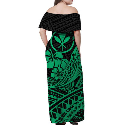 Hawaii Humpback Whale With Hibiscus Tribal Off Shoulder Dress Green