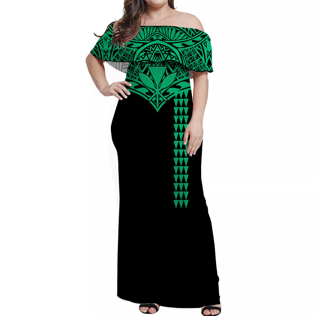 Hawaii Polynesian Tribal Off Shoulder Dress Green